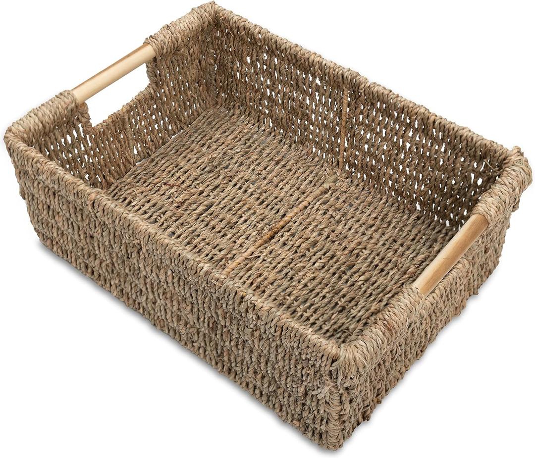 Large Natural Wicker Basket Rectangular with Wooden Handles, Seagrass Storage for Organizing, Shelves 15.5 x 10.6 x 5.5 inches (Large - 15.5"x10.6"x5.5"H, Seagrass (1-Pack))