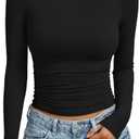Trendy Queen Women's Long Sleeve Shirts Crew Neck Ruched Slim Fit Basic Layering Tops Fall Winter Fashion (X-Large, Black)