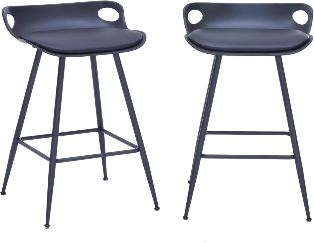 Black Bar Stools Set of 2, 26 Inch Backless Bar Stools, Plastic Bar Chairs with Leather Upholstered Cushion, Modern Minimalist Counter Height Barstools for Kitchen Island (Black).