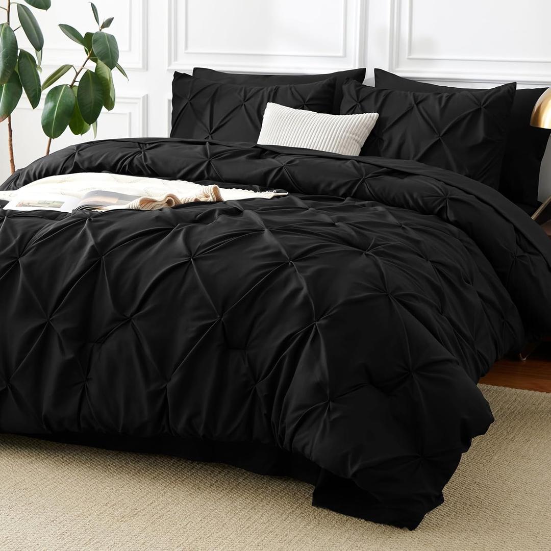 CozyLux Full Size Comforter Sets Black, 7 Pieces Pintuck Bed in A Bag Black Comforter Full Size, Pinch Pleat Bedding Sets with All Season Comforter, Sheets, Pillowcases & Shams