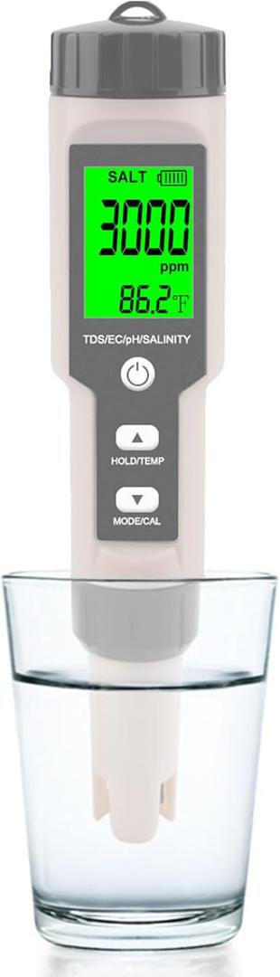 Aquarium Salt Tester -Pool Salt Tester, Versatile 5 in1 Salinity, PH, TDS, EC, and Temperature Meter, Digital Salinity Tester for Saltwater Aquarium, Accurate Salinity Meter, Grey
