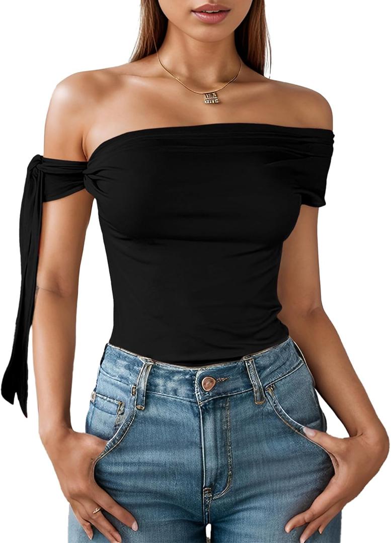 Off The Shoulder Tops for Women Tie Shoulder Ruched Going Out Slim Fit Sexy Solid Y2K Summer Tops (Medium, Black)