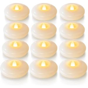 Homemory 10 Pack 3 Flameless Led Floating Candles, 200 Hour White Battery Operate Waterproof Tealights for Cylinder Vases, Centerpieces at Wedding Decor, Party, Pool (Warm White Light (12Pack, White Shell))