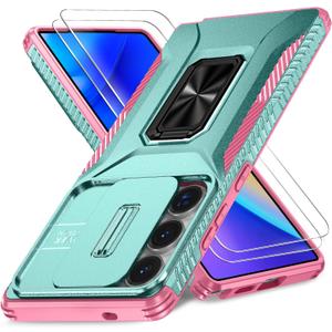 Case for Samsung Galaxy S25 Ultra with Slide Camera Cover+Screen Protector(2 Packs), Military Grade Shockproof Protective Cover, Rotated Ring Kickstand(A - Celadon+Pink)
