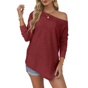 Tankaneo Womens Off The Shoulder Tops Casual Long Sleeve T Shirts Irregular Hem Split Tunics Loose Fall Blouse Shirt Burgundy (Red, L)