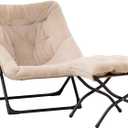 HollyHOME X-Large Saucer Chair with Foldable Ottoman, Comfy Oversized Folding Chair and Folding Footrest Stool Set, Faux-Fur Reading Chair and Footstool for Living Room, Light Khaki Chair & Stool