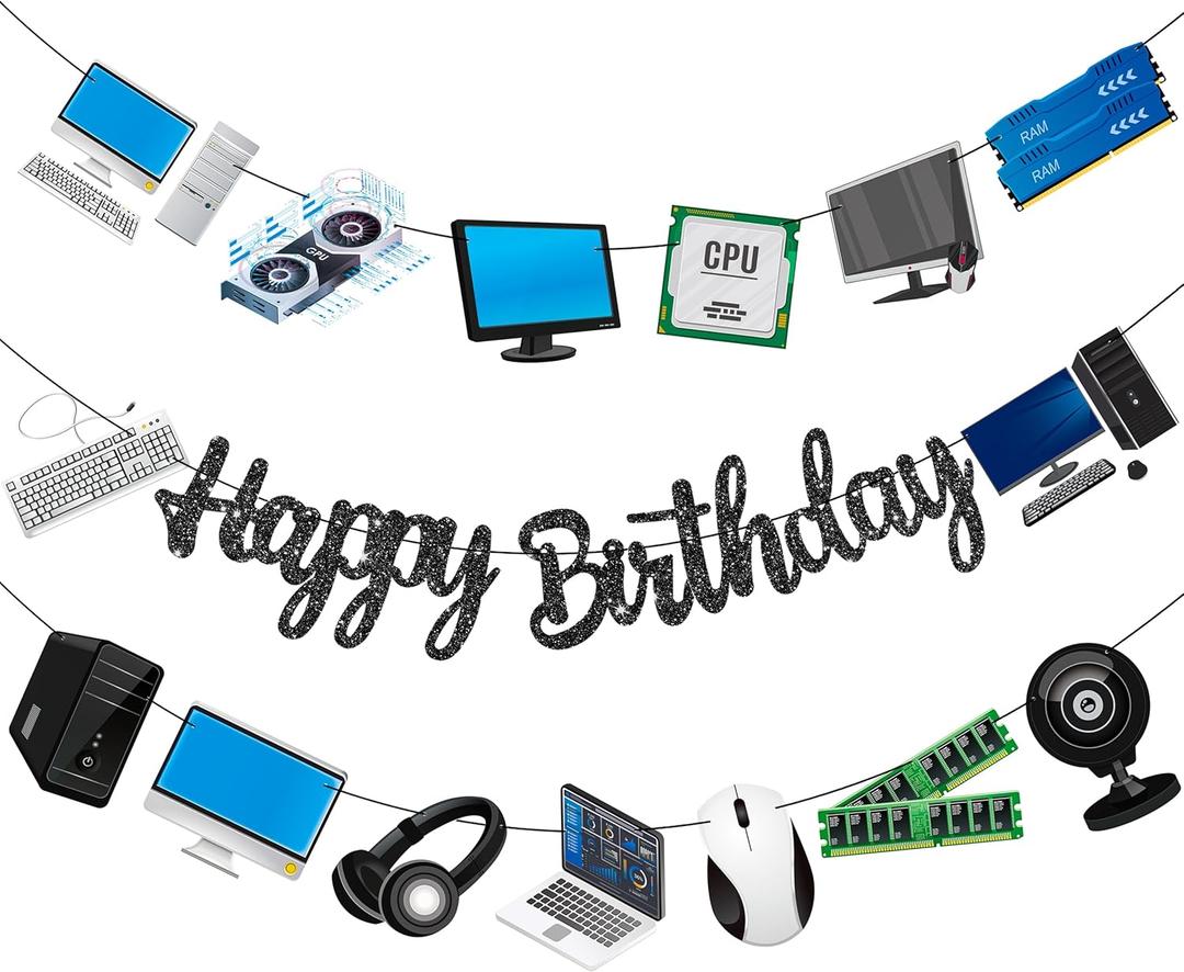 Computer Birthday Party Decorations Black Happy Birthday Banners Decorations for Intelligence Computer Theme Birthday Party Baby Shower Supplies