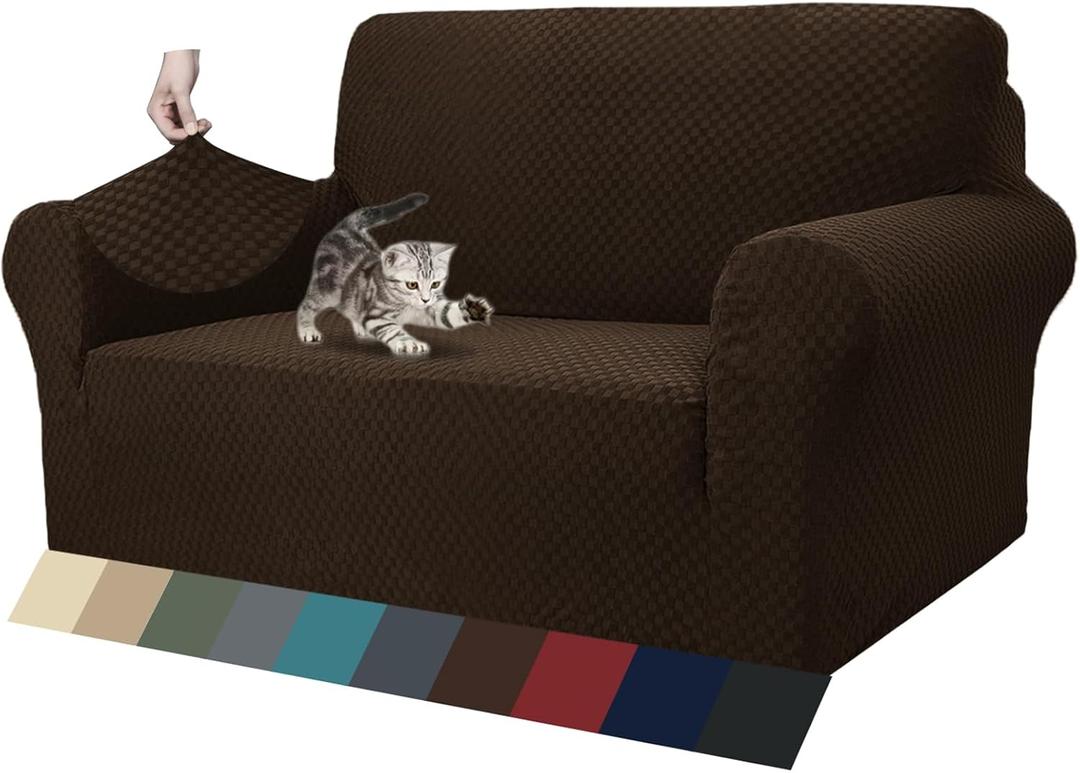 ZNSAYOTX 1 Piece Jacquard Couch Covers for 2 Cushion Couch High Stretch Loveseat Slipcover for Pets Dogs Anti Slip Love Seat Sofa Slipcover Furniture Protector (Loveseat, Dark Coffee) (Medium (55"-69"))