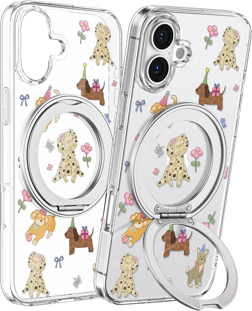 Loheckle for iPhone 16 Plus Case with Stand- Compatible with MagSafe Women Girls Cute Clear Girly Aesthetic Unique Design Soft TPU Magnetic Ring Phone Cover for Apple 16 Plus, Dogs
