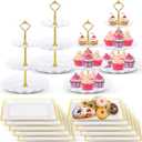 Willinglong 14 Pcs Dessert Table Stands Set 3 Tier Plastic Cupcake Stands Cookie Display Tower Gold Rim Dessert Serving Tray for Party Wedding Birthday Bridal Baby Shower (White and Gold)