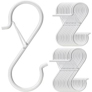 36 PCS S Hooks for Hanging with Safety Buckle, 3.5 inch Heavy Duty Metal S Shaped Hook for Kitchen Utensil, Cups, Pots, Plants, Bags, Hats (White)