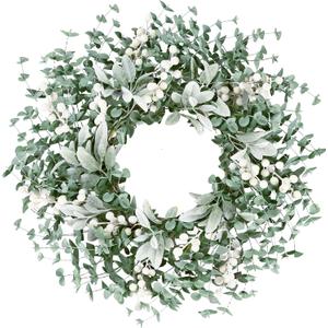 Sggvecsy Artificial Greenery Leaves Wreath for Front Door 22 Inch Greenery Boxwood Wreath with Flocked Lambs Ear White Berries for Spring Summer Farmhouse Wall Home Indoor Outdoor Decor