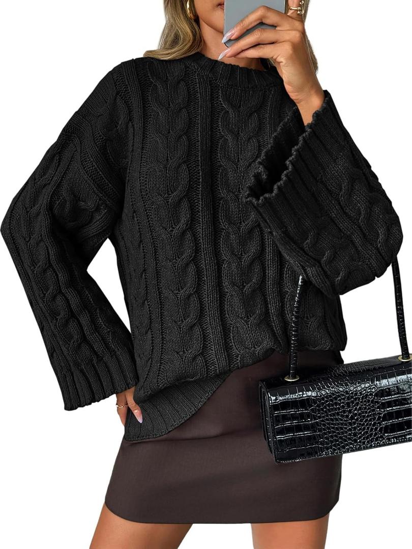 Saodimallsu Womens Oversized Sweaters Cable Knit Bell Batwing Sleeve Crew Neck Fall Winter Chunky Pullover Tops (Large, Black)