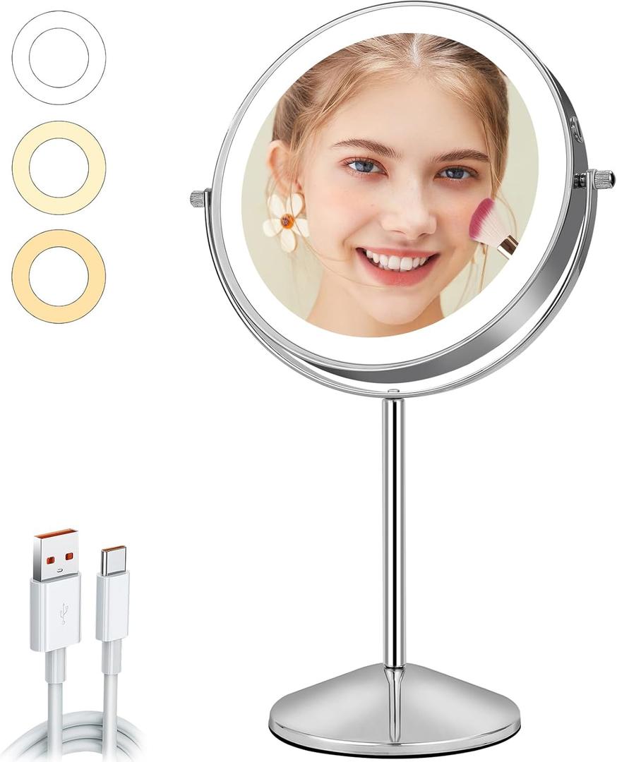 8" Makeup Mirror with Lights, Vanity Mirror with 1X/10X Magnification, Touch Screen 3 Colors Dimmable 54 LED Lights Brightness Adjustable 360 Rotation for Tabletop (Chrome)