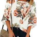 luvamia Women Casual Strappy V Neck Blouse 3/4 Bell Sleeve Mesh Panel Shirts Top (White)