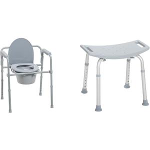 Drive Medical 350 lb Capacity Steel Folding Commode Chair and 300 lb Capacity Aluminum Adjustable Shower Bench with Suction Cups