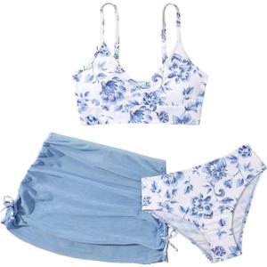 QJQ Girl's 3 Piece Floral Swimsuit Cute V Neck Bikini Set High Waisted Bathing Suit Sheer Mesh Cover Up Skirt (Blue)б 10YR