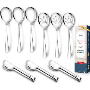 Teivio Stainless Steel Metal Serving Utensils - Large Set of 9-10" Spoons, 10" Slotted Spoons, and 9" Tongs (Silver)