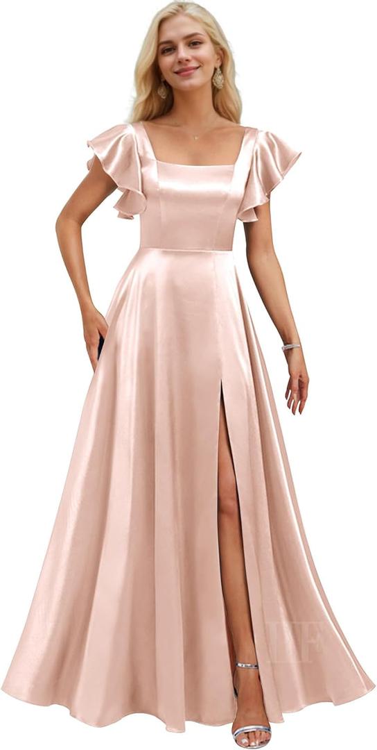 IIF Women's Square Neck Bridesmaid Dresses with Ruffle Sleeves Satin A Line Long Formal Evening Dresses with Slit Blush Pink US Size 12 IIF134
