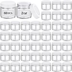Layhit 60 Pcs 2 oz Glass Jars with Lids Bulk, Small Jars Containers Travel Storage Jar with Inner Liners Labels for Lotions, Cream, Lip Balm (Clear,White Lid)