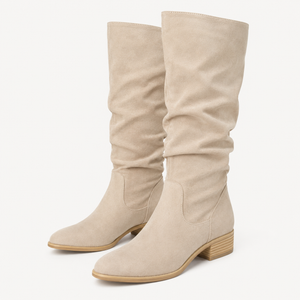 Women's Knee High Boots Flat Low Heel Slouch Pointed Toe Winter Shoes with Side Zipper, Size 39