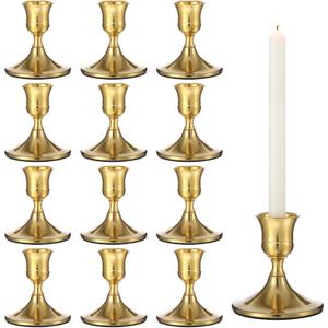 12 Pcs Brass Gold Taper Candle Holders Set, Vintage Metal Candlestick Holders Gold Taper Candle Holder Short for Dinner Room Table Centerpiece or Mantel Wedding Party Decor