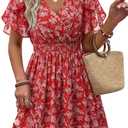 Womens Summer Ruffle Short Sleeve Dress V Neck Flowy Chiffon Layers Boho Dresses (Red, L)