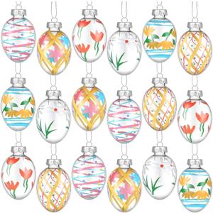 18 Set Hand Painted Pastel Glass Easter Egg Ornaments, Easter Home Decor, Spring Mini Tree Decorations, Outdoor and Indoor Use, 1.2 Inches x 2 Inches, 6 Designs