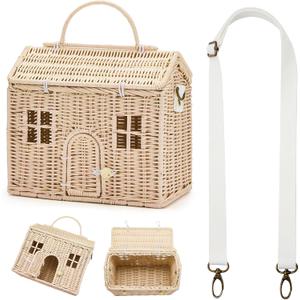 Wettarn Handmade Rattan Doll House Rattan House Shape Shoulder Bag Wicker Basket with Lid for Doll Toys Storage Basket Small Dollhouses Cute Woven Handcrafted Artwork Gift(Wood Color)