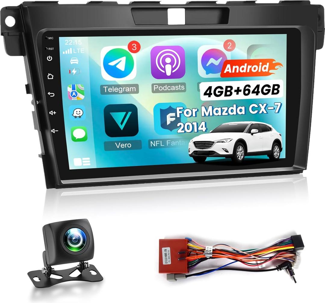 4+64G Car Radio for Mazda CX-7 CX7 CX 7 2007 2008-2014 - Wireless Carplay & Android Auto - 9 Inch Android 13 Stereo with 32 EQ DSP, 5G WiFi, GPS, SWC + AHD Rear View Camera
