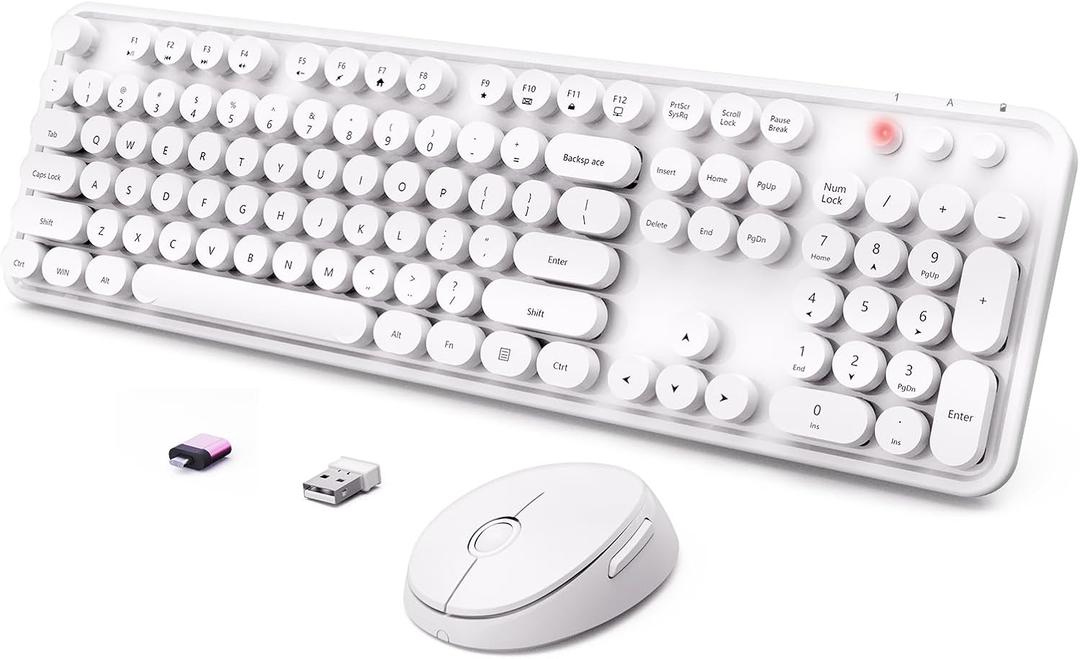 Wireless Keyboard and Mouse Combo, Ergonomic Full Size Typewriter Retro Round Keycaps Keyboard, Compatible with Windows, PC, Perfer for Home and Office KeyboardsWhite (Pure white)