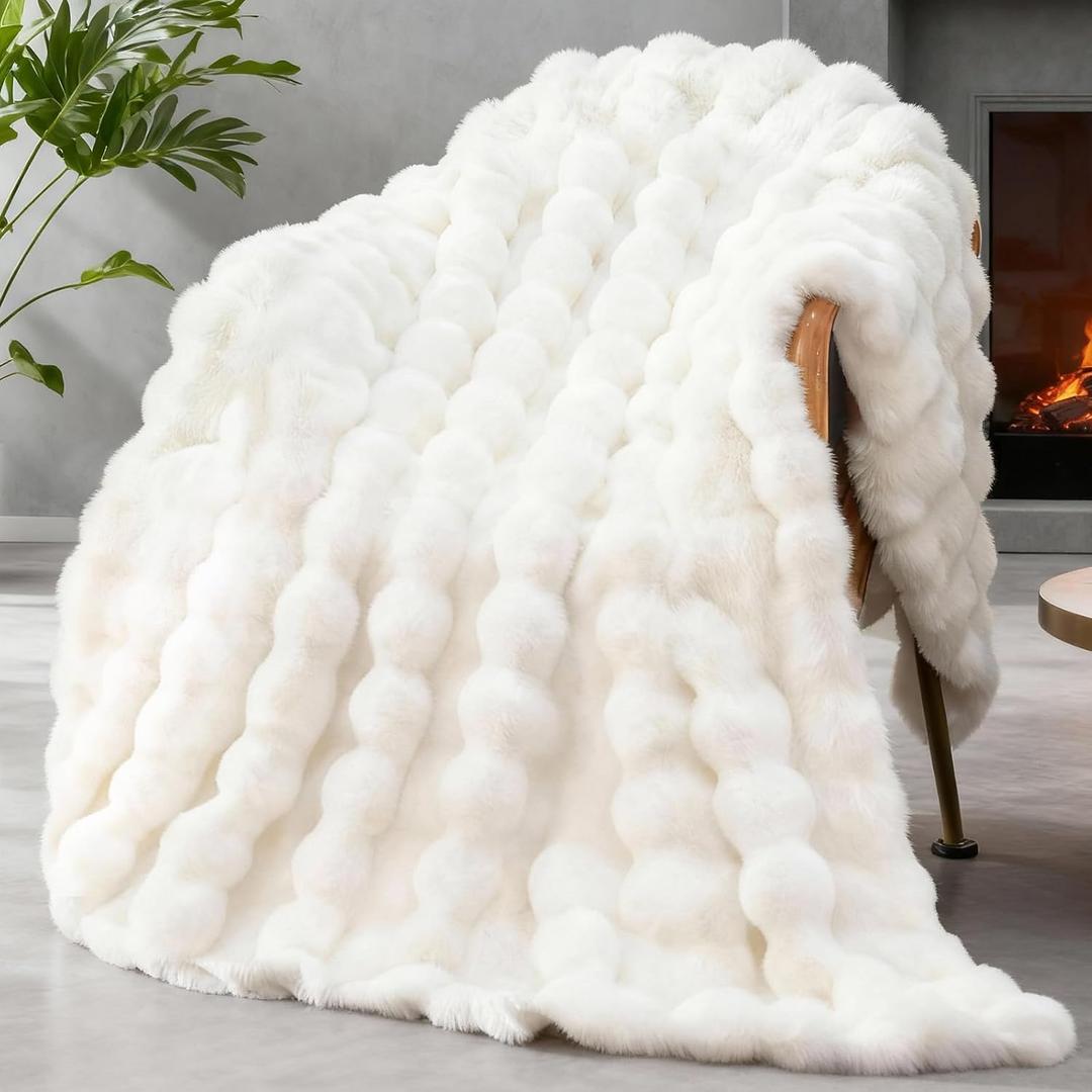 Faux Fur Twin Blanket for Couch, 1000 GSM Cozy Fuzzy Fluffy Soft Plush Thick Bubble Sherpa Blanket for Sofa Bedroom Living Room, Mothers Day Birthday Gifts for Women Home Decor, Ivory White, 60*80