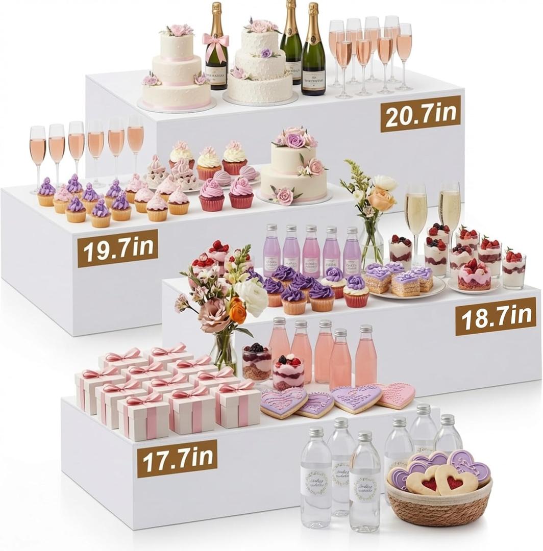 Leinuosen 4 Pcs Extra Large Acrylic Buffet Risers for Food Display Stands Box, 20.7" 19.7" 18.7" 17.7" Rectangle Catering Supplies for Weeding Dessert Table Brunch Setup Decor, Hollow Bottom(White)