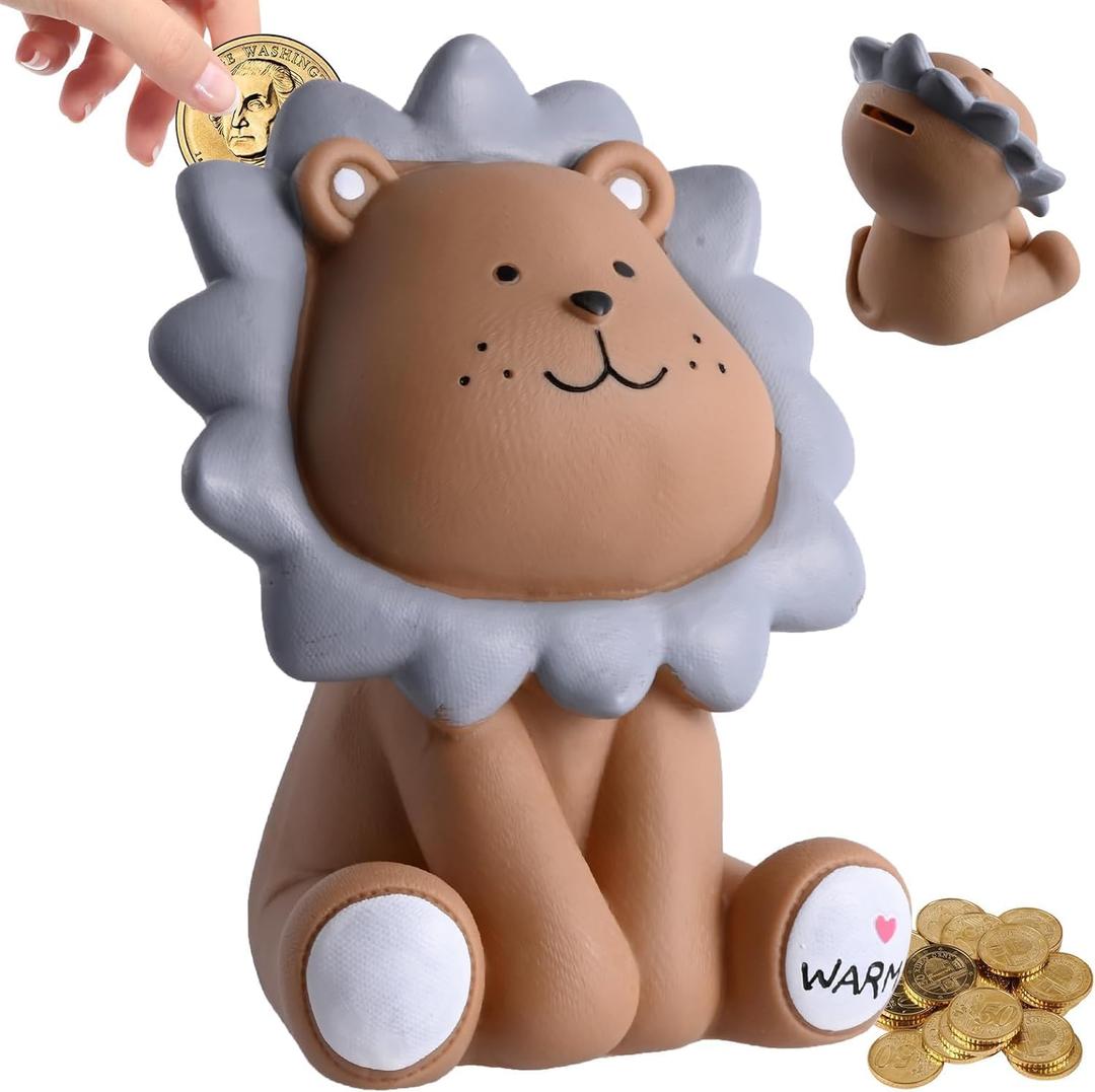 H&W Lion Piggy Bank, Sunny Lion Money Coin Bank,Best Christmas Birthday Gifts for Kids Boys Girls Home Decoration (Brown M)