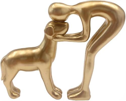Dog Statues Home Decor Funny Man and Dog Sculpture Decorations for Home Bedroom Living Room Tabletop Bookshelf, Hand-Painted Resin Dogs Memorial Gifts Figurines for Pet Lovers, Gold