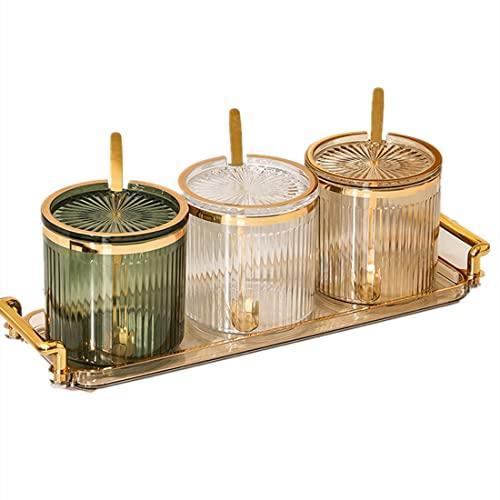 Acrylic Condiment Spice Jars,Condiment Spice Box With Lids and Spoons and Tray,Clear Plastic Sugar Salt Canisters,Seasoning Box 3 Pack,Seasoning Box Set for Kitchen to Storage Salt,Paprika,Sugar