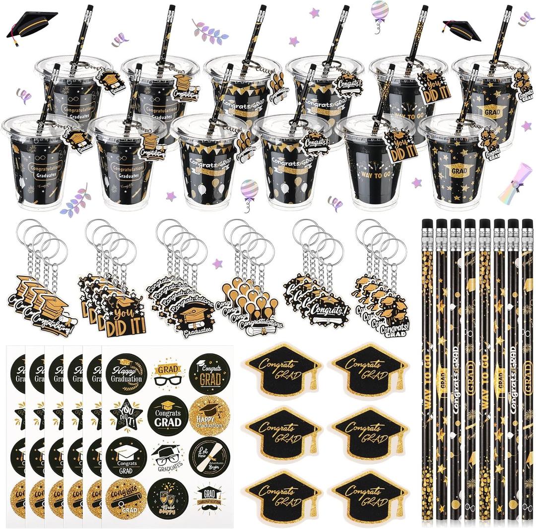 Baderke 144 Pcs Graduation Party Favors Class of 2025 Cup Fillers Congrats Grad Keychain Pencil Eraser Sticker Card Goody Cup Filler for End of Year Gift from Teacher Rewards Bingo Game Prizes, 24 Set
