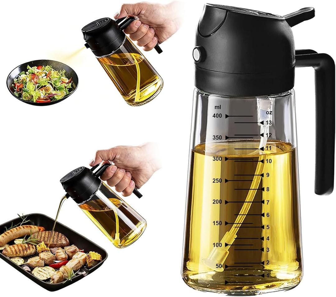 X&E 16oz/470ml Glass Olive Oil Sprayer for Cooking, 2 in 1 Olive Oil Dispenser Bottle, Food Grade Oil Mister for Kitchen Gadgets, Air Fryer Accessories, Salad & BBQ Black