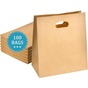 COGLARING 100Pcs 11x6x11 Brown Kraft Paper Bags with Handles, Die Cut Tote Bulk for Retail Shopping Takeout Bakery Gift Bags