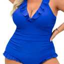 One Piece Swimsuit Women Plus Size Deep V Ruffle Neck Bathing Suit Cross Straps Tummy Control Modest Swimwear XL