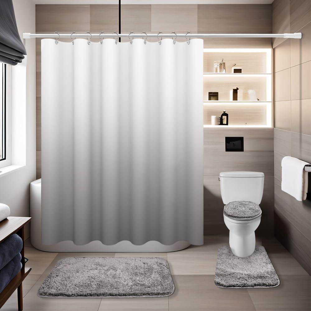 4 Pcs Gray Shower Curtain Sets with Rugs Solid Bathroom Sets with Shower Curtain and Rugs and Adjustable Toilet Lid Cover for Luxury Bathroom Decor