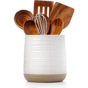 6.8" Large Ceramic Kitchen Utensil Holder - Utensil Holder for Kitchen Counter, Modern Farmhouse Style Holder for Spoons, Spatulas & Cooking Tools (White)