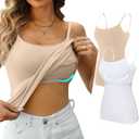 V FOR CITY Women's Shelf Bra Camisole Tops Adjustable Spaghetti Strap Cami Tank Cotton Undershirts 2 Pack (X-Large, White/Apricot Peach)