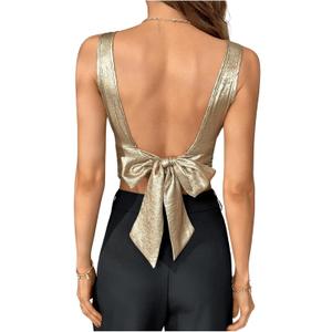 OYOANGLE Women's Metallic Bow Knot Tie Back Tank Top Party Sleeveless Crew Neck Crop Tops Champagne, Size: Small