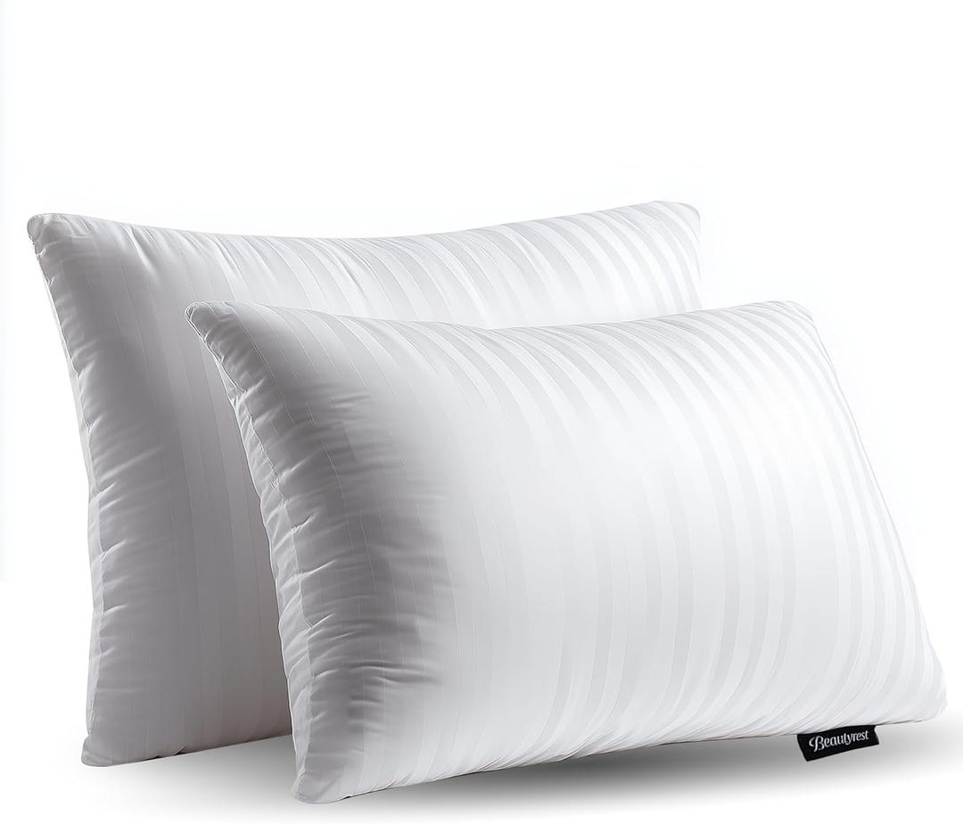 Beautyrest Luxury Goose Feathers Soft Pillows, 500 Thread Count Cover 20x28, Queen (Pack of 2), Supportive Fluffy Hotel Collection Bed Pillows for Side and Back Sleepers