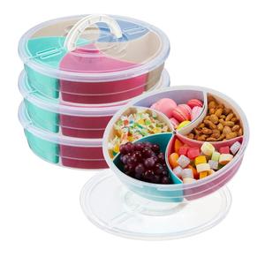 Mifoci 4 Pack Snack Tray with Lid and Handle Plastic Divided Serving Tray 5 Compartment Veggie Dried Fruit Snack Handheld Tray Platter Sealed Box Container for Home Party(Light Colors)