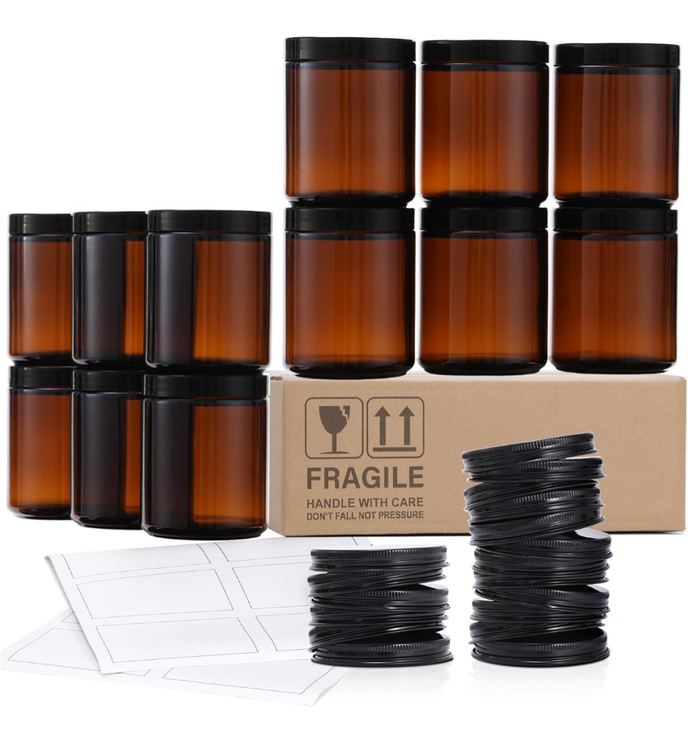 8 OZ Dark Amber Candle Jars for Making Candle - Thick Glass Jars with Metal & Plastic Lids - Empty Round Food Storage Containers, Canning Jar For Spice, Liquid, Sample - Food Grade