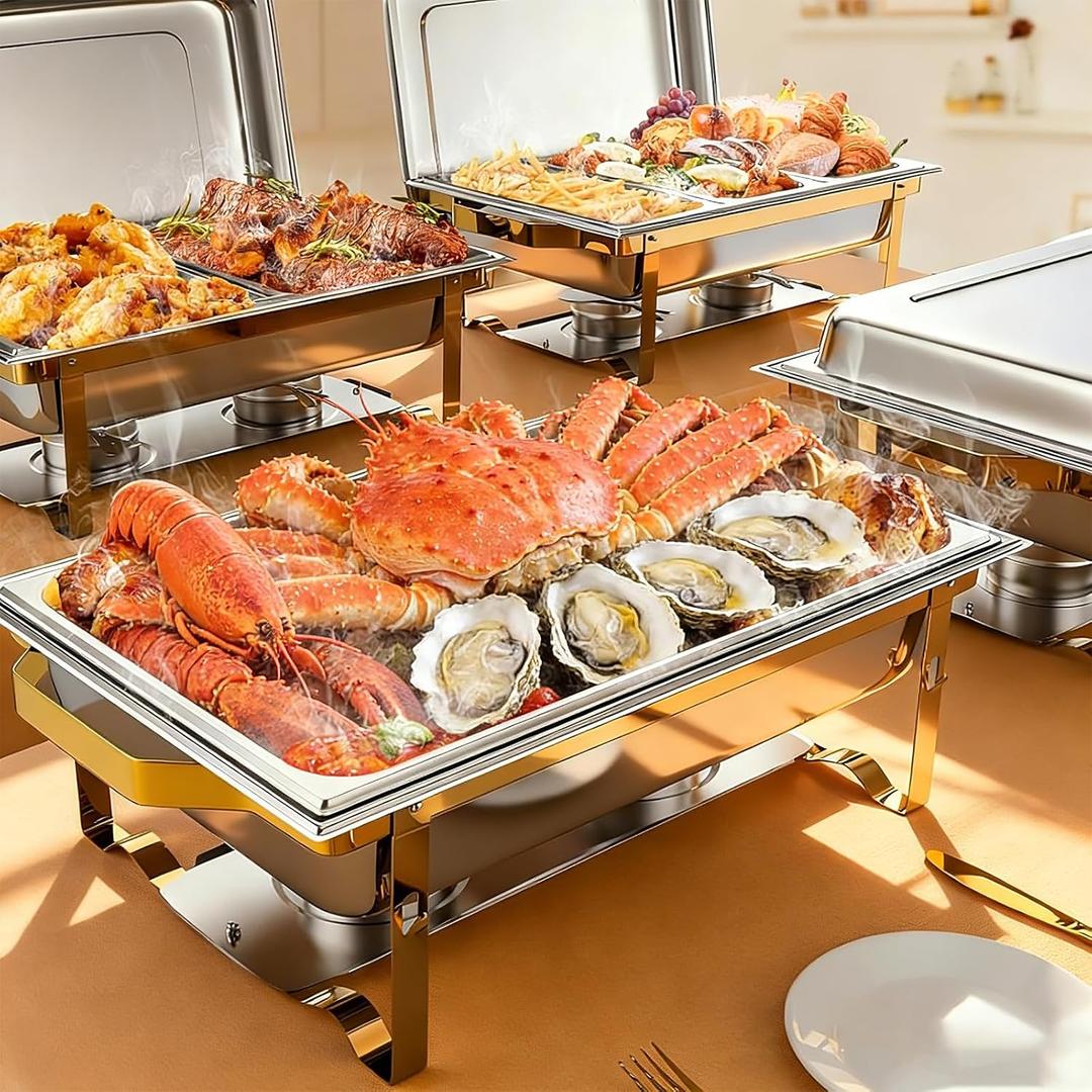 POWERFUEL 4 Pack 11QT Stainless Steel Rectangular Chafing Dishes for Buffet