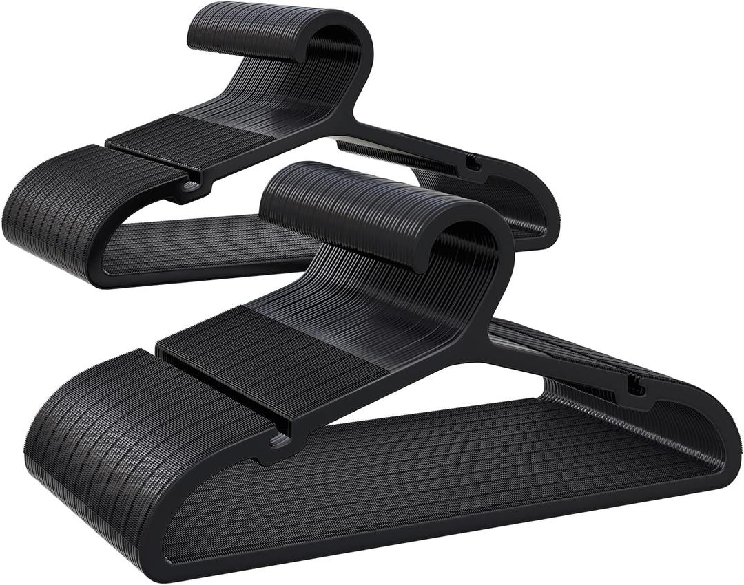 Plastic Kids Hangers, Pack of 100, Ultra Slim Closet Hangers, Non-Slip, Space-Saving, Sturdy, 14" W x 7" H (for Children Aged 7-12 Years), Black, UAPY07100B