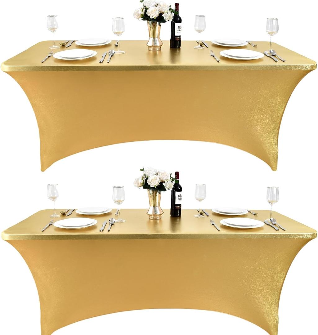 Pack of 2 6ft Spandex Table Covers for Rectangle Standard Folding Tables - Wrinkle Resistant Stretch Tablecloths - Ultimate Fitted Table Protector for Parties, Trade Shows, Wedding, Golden